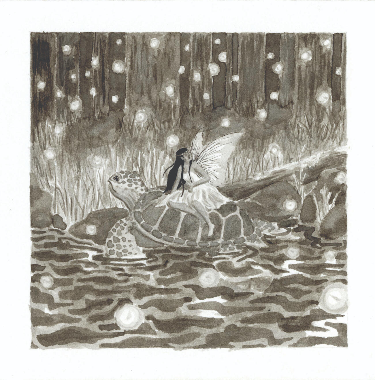 Turtle Fairy ink on illustration board 5&quot;x5&quot;