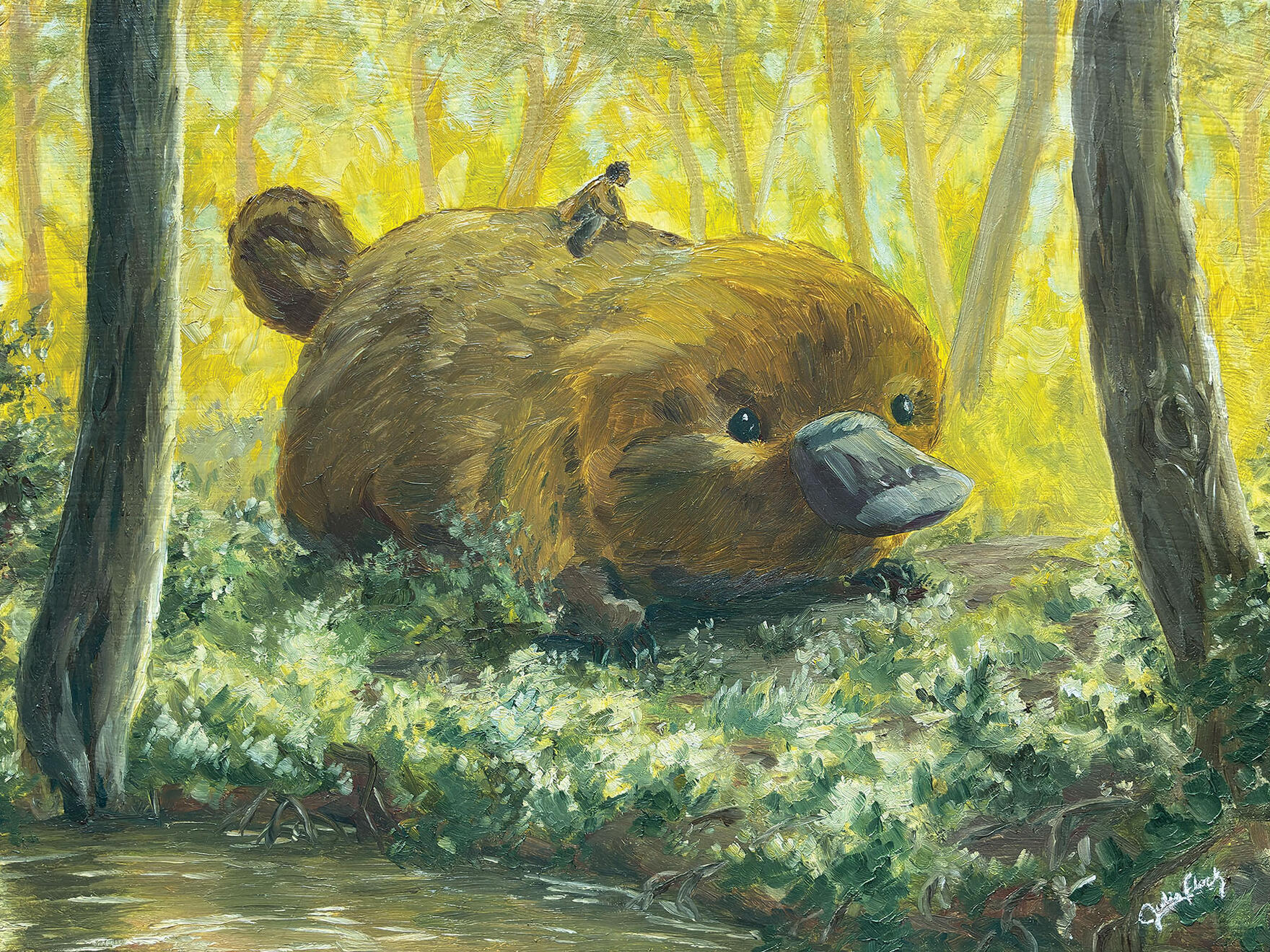 Nathan Riding a Giant Platypus Puggle oil on canvas 9"x12"