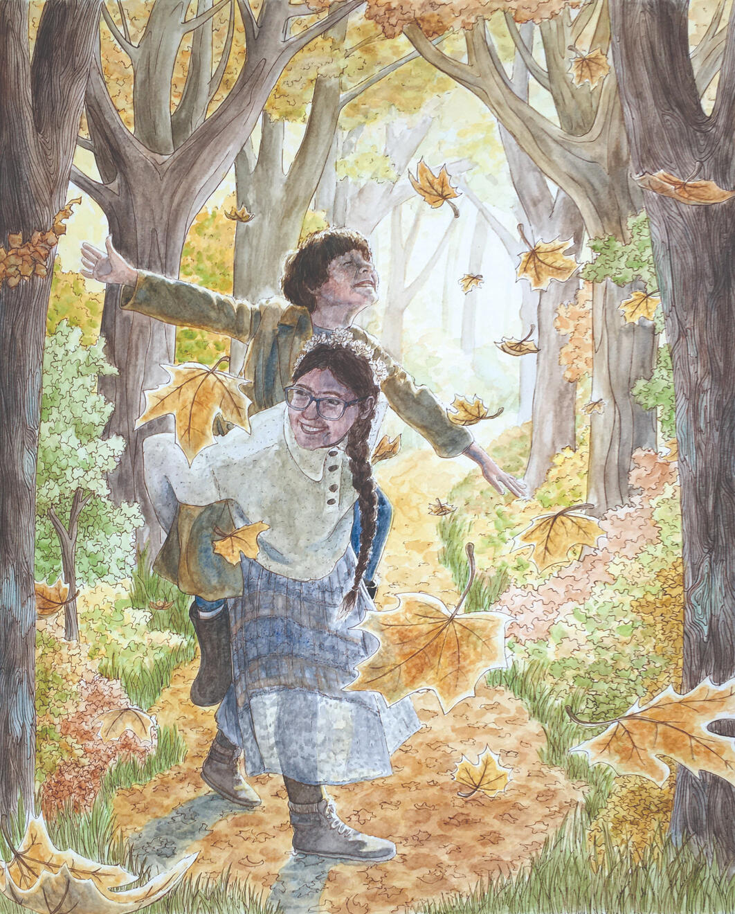 Siblings in Fall watercolor & ink on paper 20"x16"