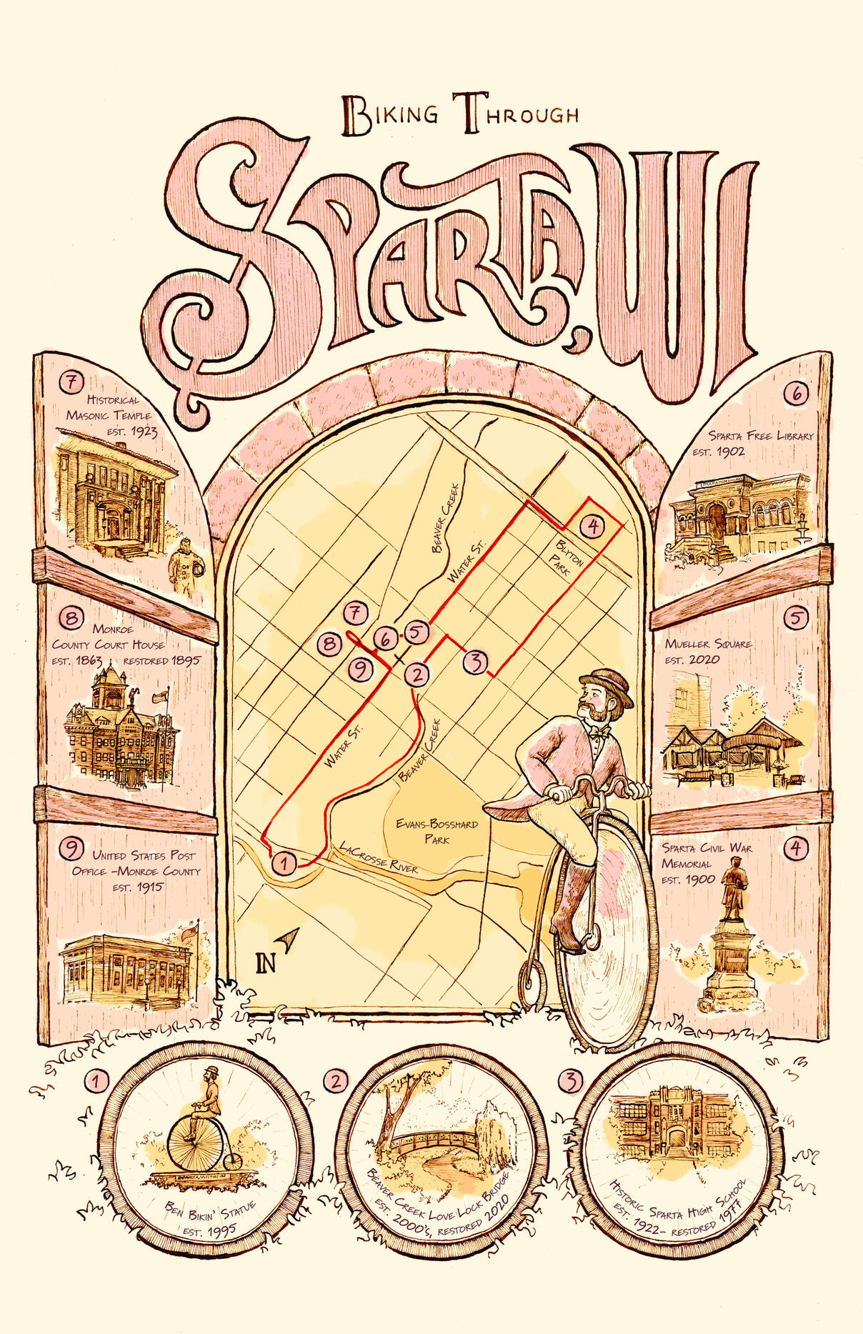 Vintage Style Sparta, Wisconsin History Map