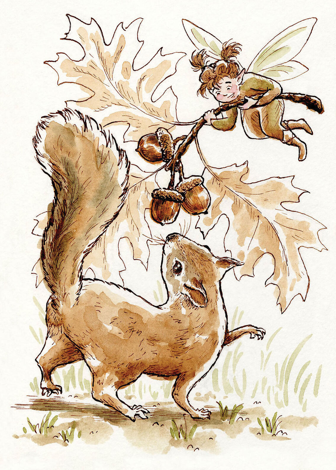 The Fairy and the Squirrel, Watercolor and Ink, 2025.