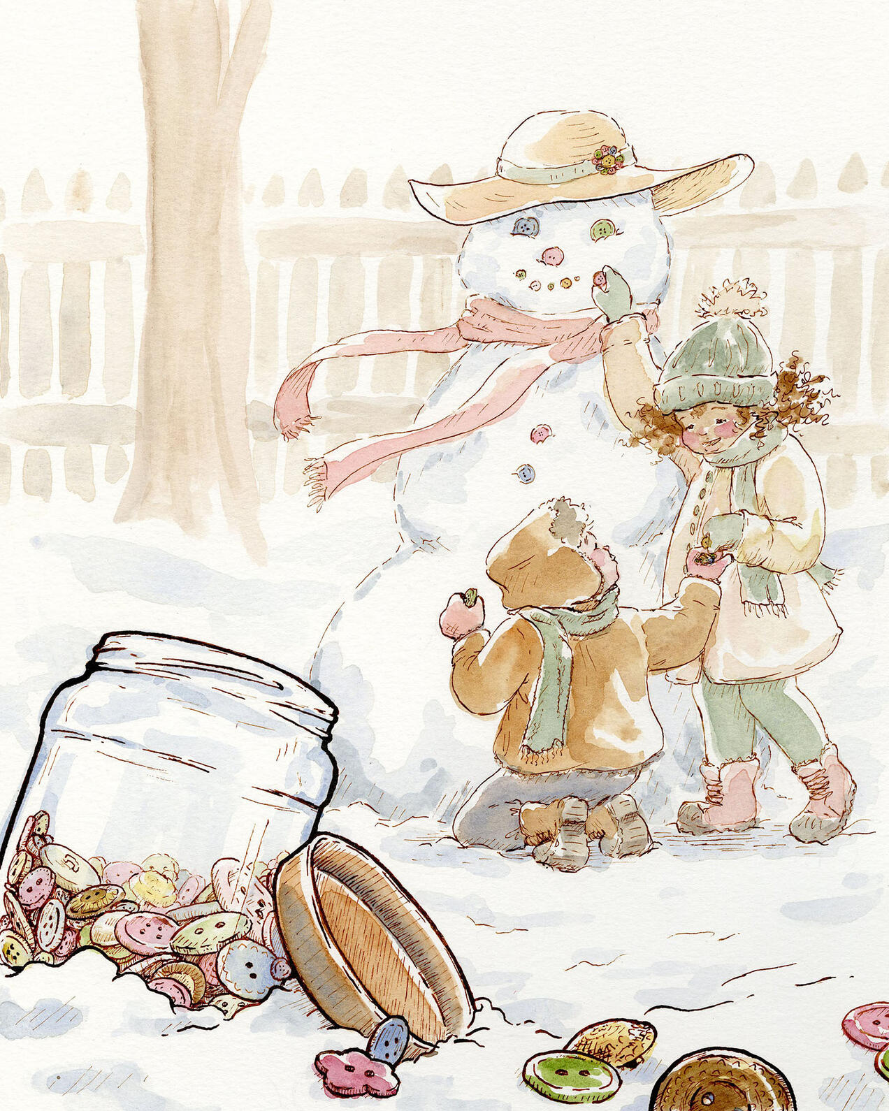 Snow Day Buttons, Watercolor and Ink, 2025.