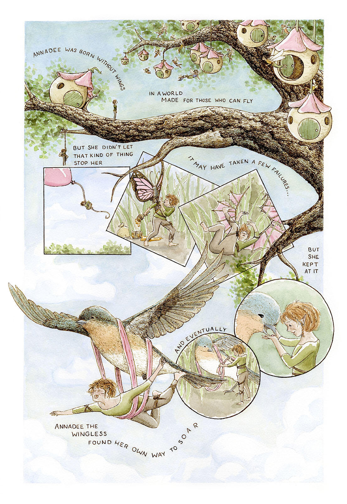 Annadee the Wingless Comic, Watercolor and Ink, 2023.